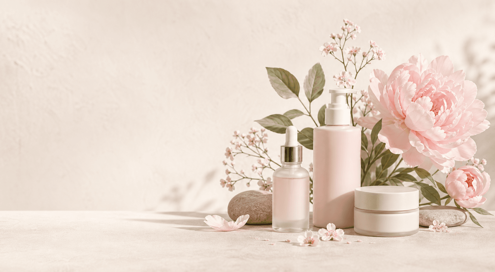 Botanical skincare arrangement with serum, cream and peonies